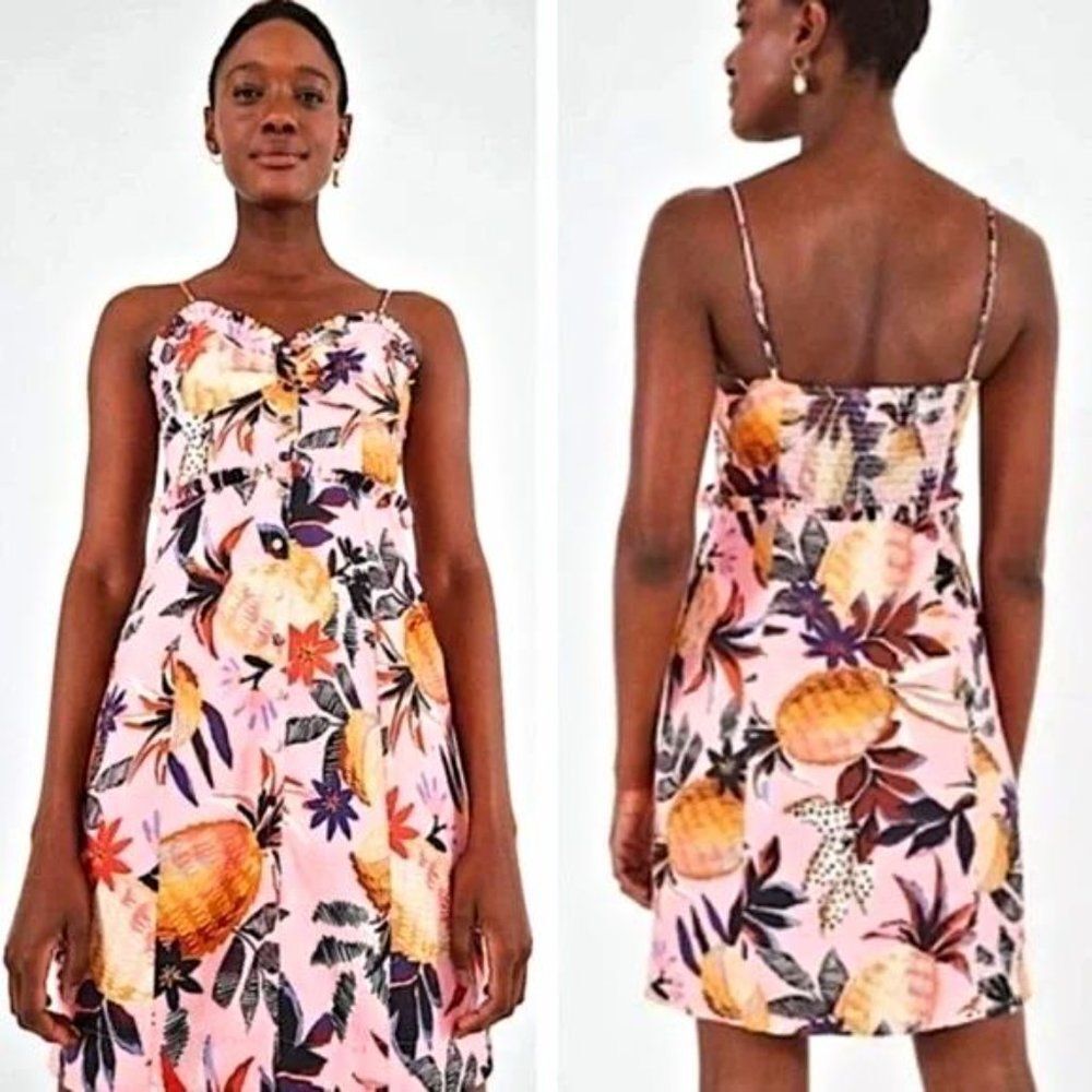 NWT Farm Rio Linen Mini Dress Pineapple Tropical Pink Floral Sundress Summer S